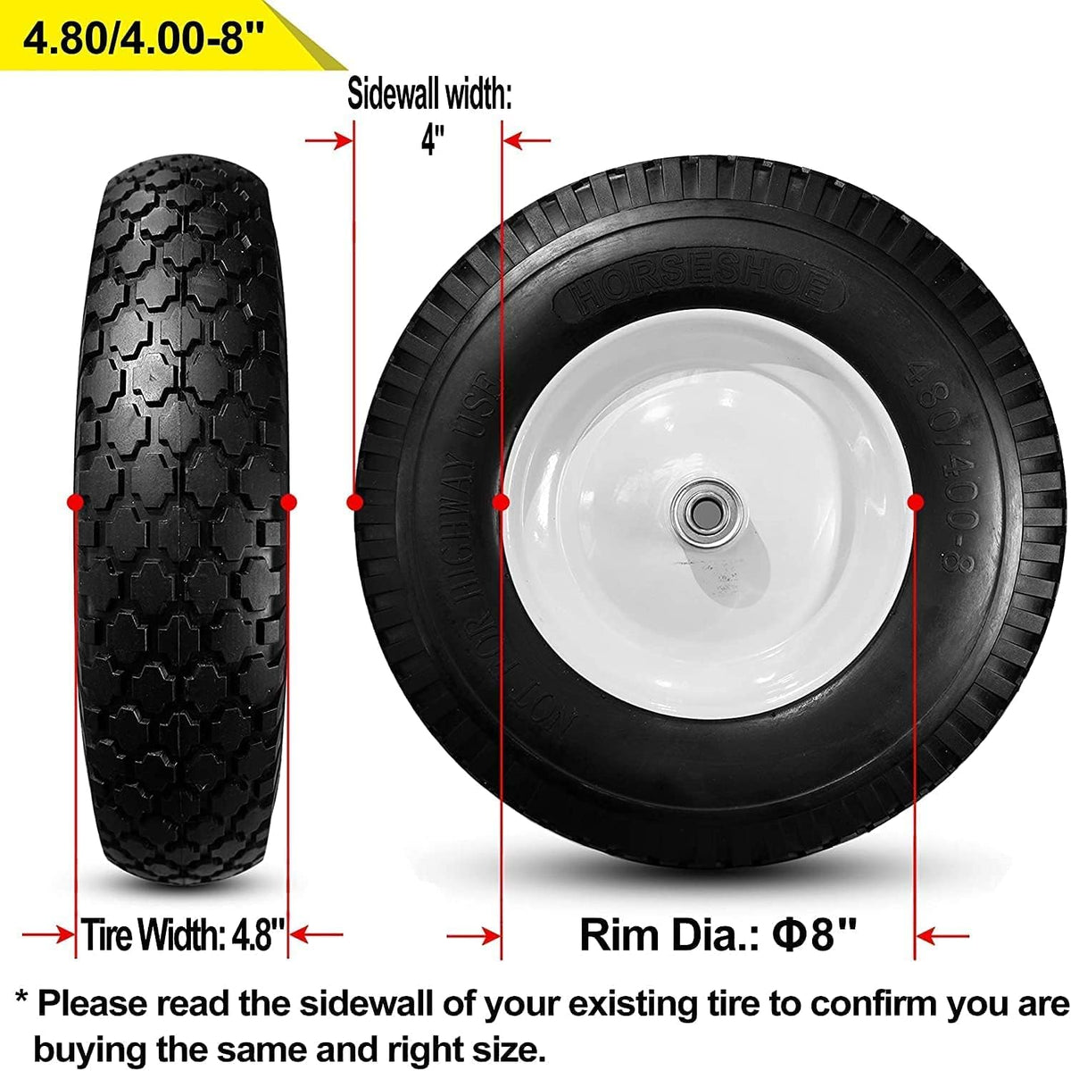 4.80/4.00-8 Solid Flat-Free Wheelbarrow Cart Wheels with Grease Fitting I259