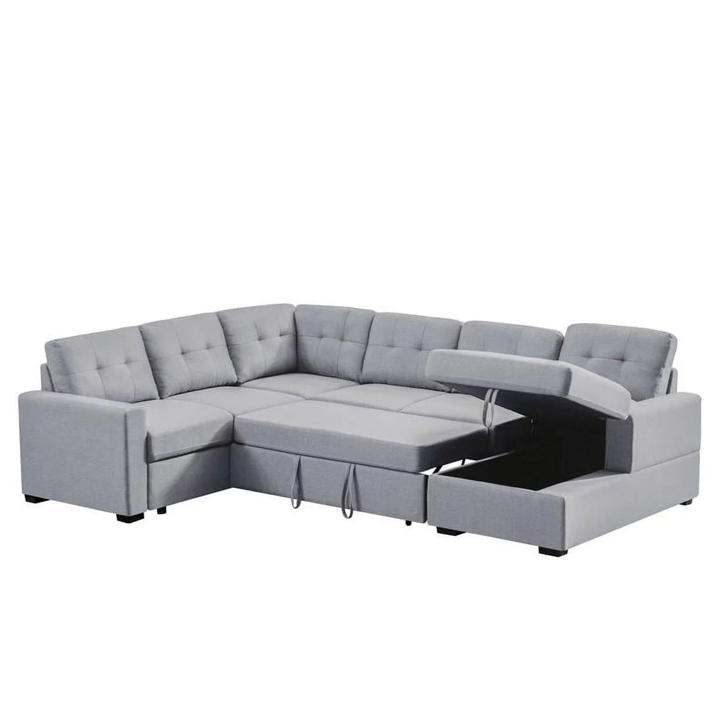 Light Gray Linen Sleeper Sectional Sofa with Storage Chaise I6711