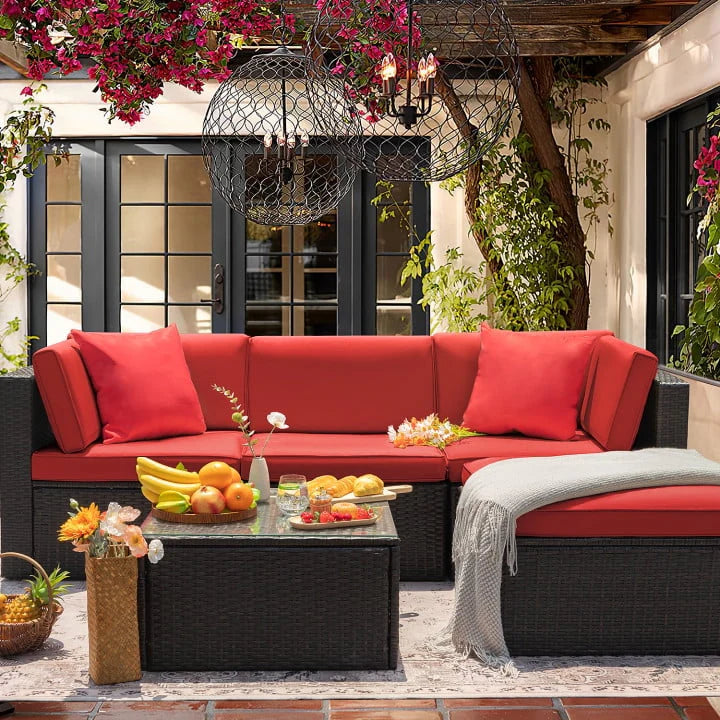 5 Pieces PE Rattan Wicker Patio Sectional Set with Table P7597
