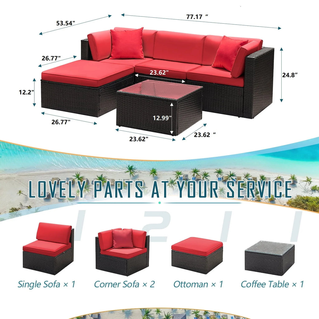 5 Pieces PE Rattan Wicker Patio Sectional Set with Table P7597