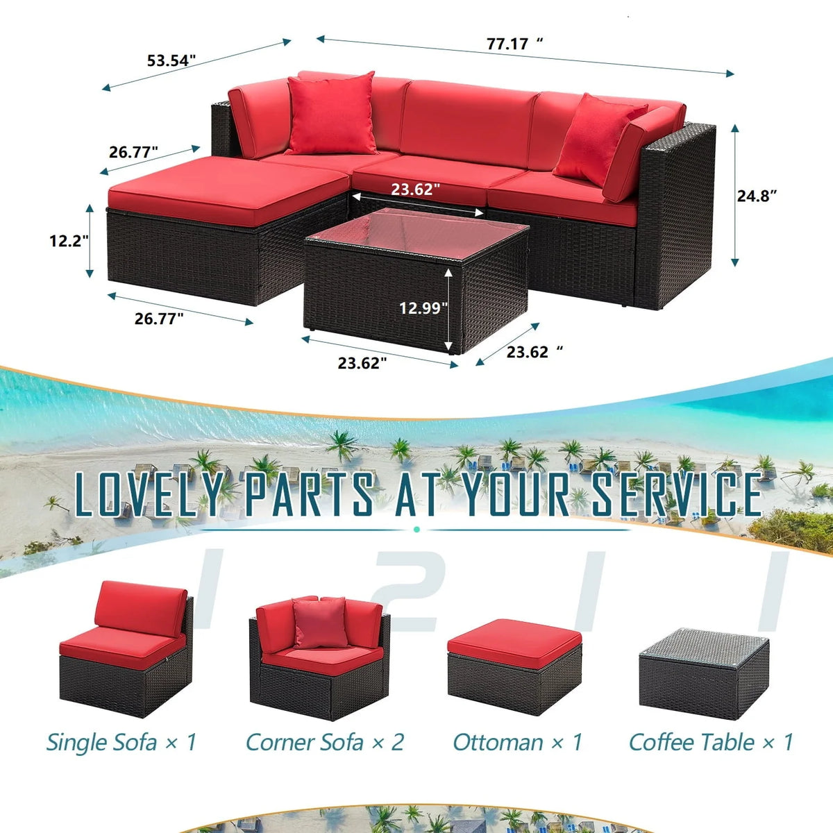 5 Pieces PE Rattan Wicker Patio Sectional Set with Table P7597