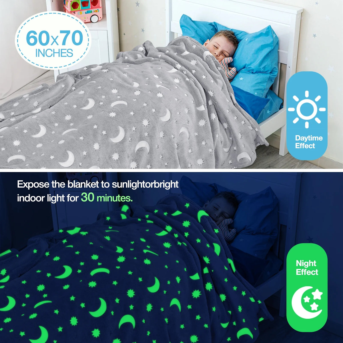 Glow in The Dark Plush Fleece Throw Blanket 60x70 inches Grey J12295
