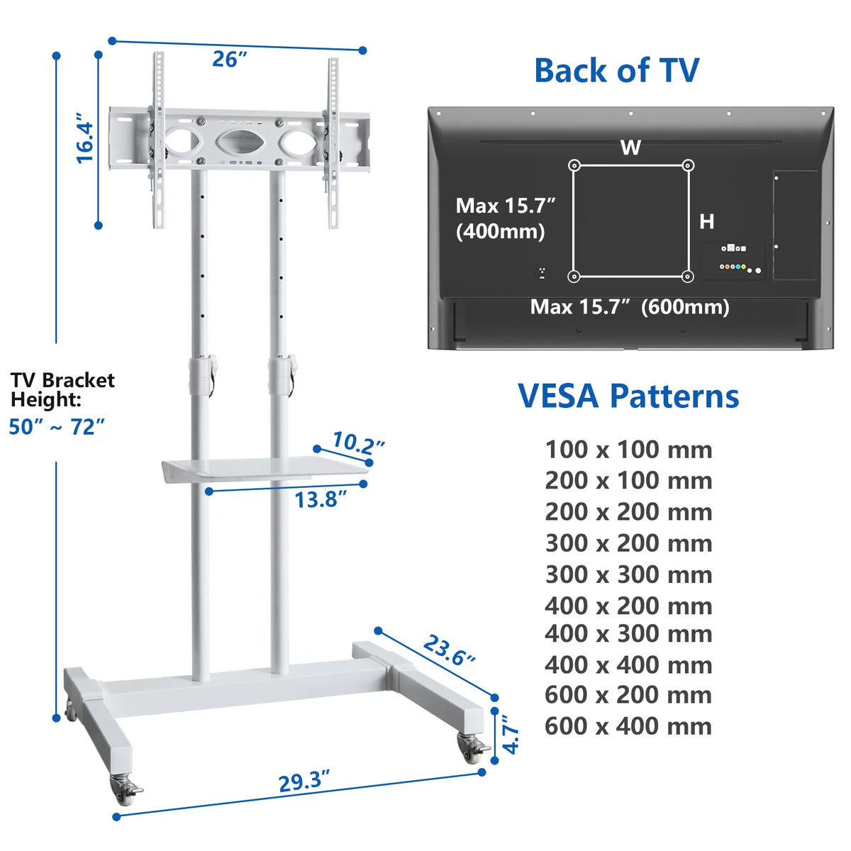 Tall TV Stand with Wheels for 32 to 85 Inch Flat Panel TVs, White Shelf Q561
