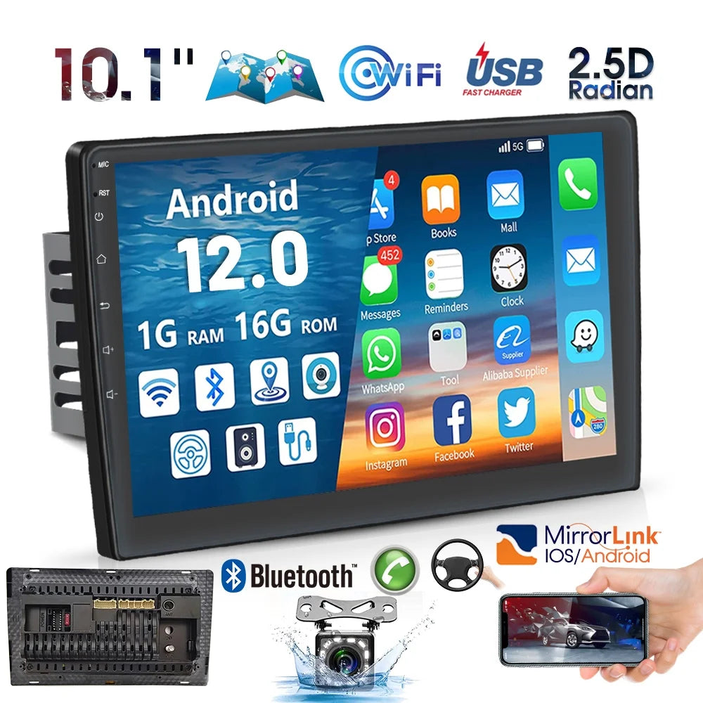 Android 12 Double 2 Din Car Stereo Radio 10.1'' HD Touch Screen 1080P Car Multimedia Player Head Unit Bluetooth WIFI GPS FM Receiver with Rearview Camera C3644