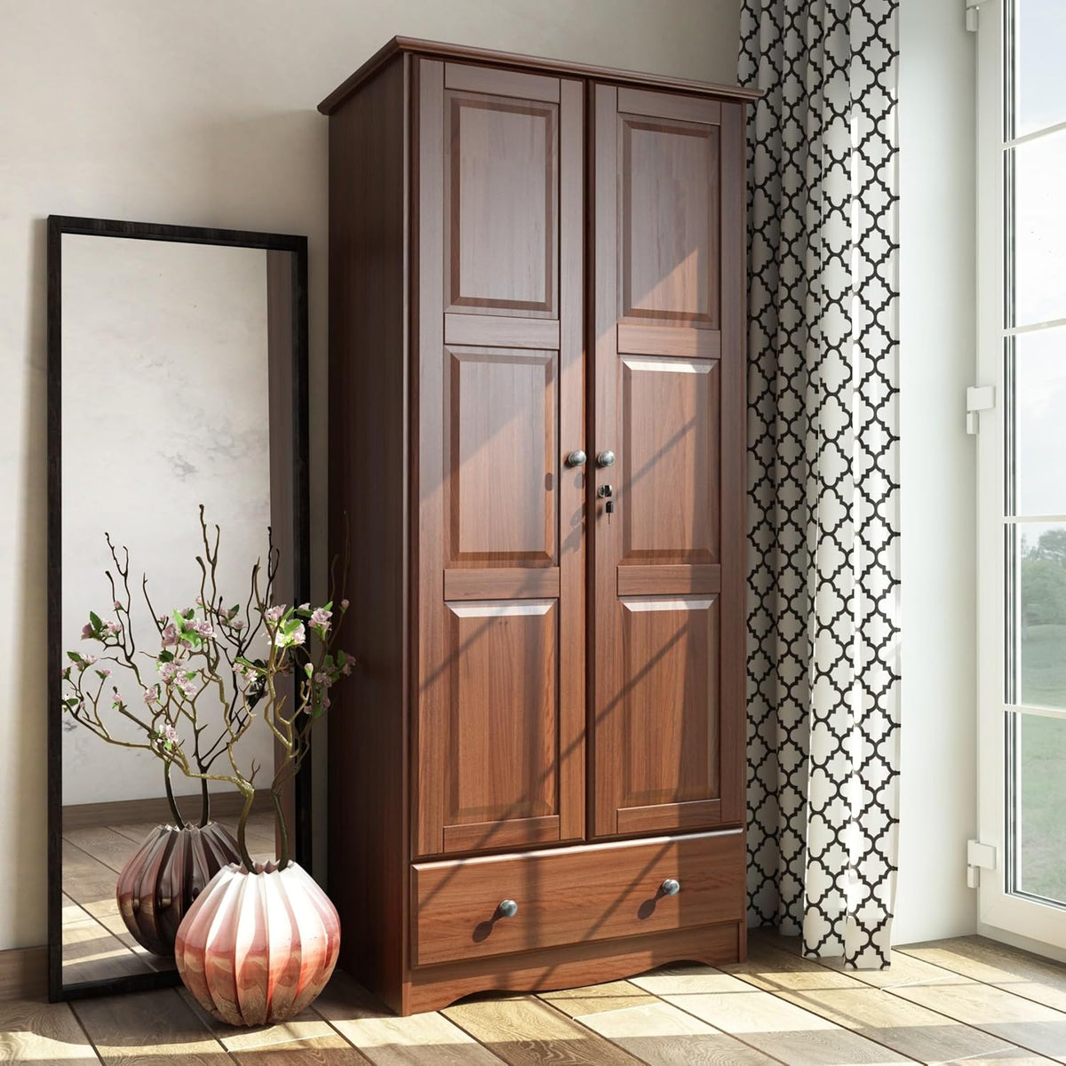 100% Solid Wood Wardrobe Armoire Mocha Stained P37554