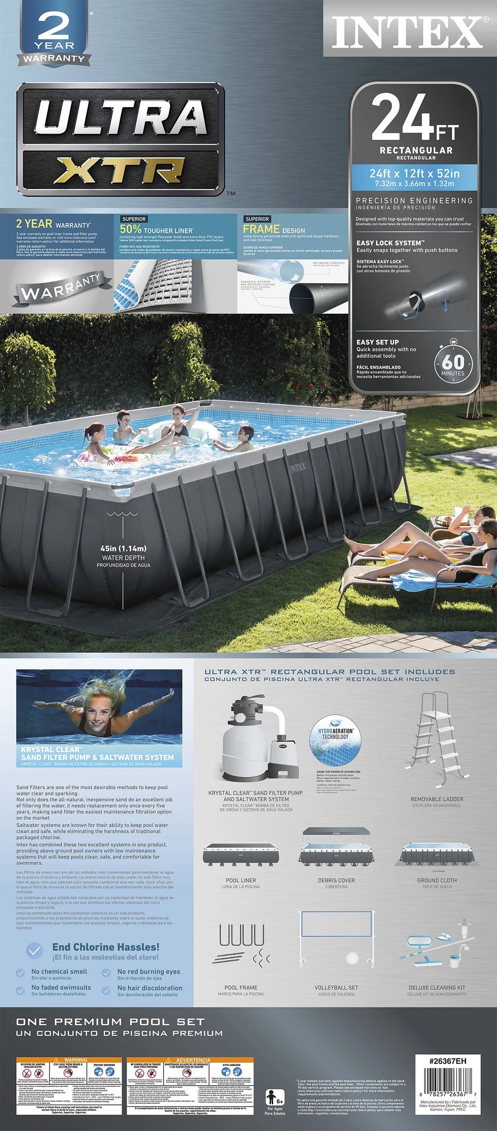 24' x 12' x 52 Rectangular Frame Swimming Pool Set with Pump O293
