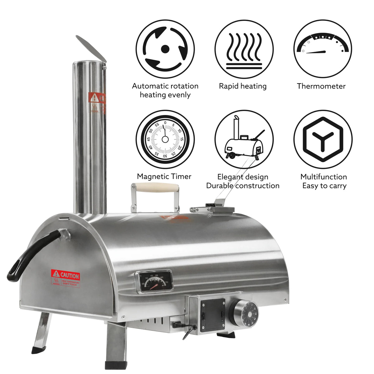 12" Stainless Steel Wood Fired Portable Pizza Oven with Built-in Thermometer Carry Bag I808437