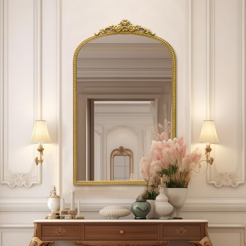 Antique Gold Arch Bathroom Mirror with Beaded Frame L101063