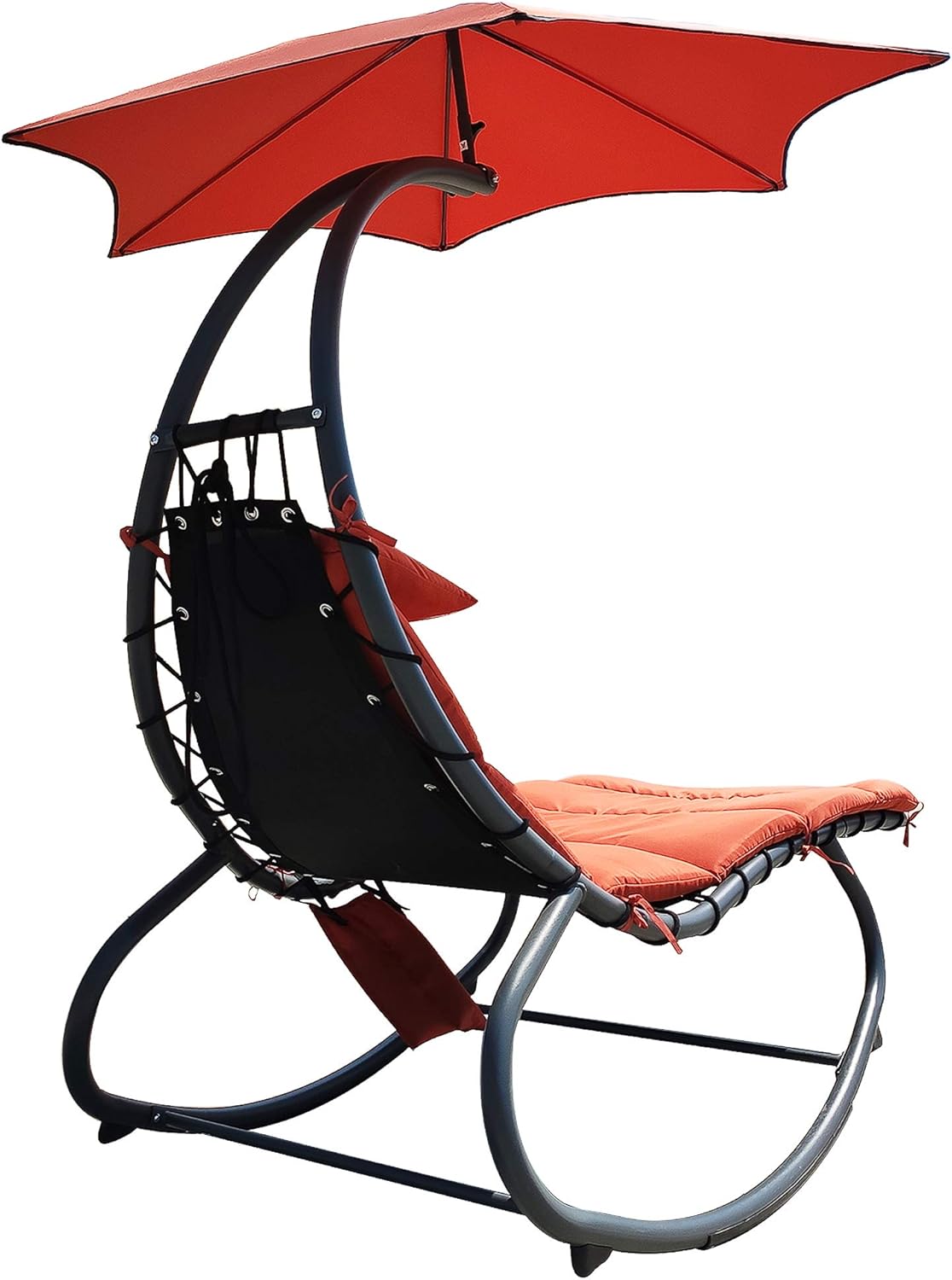 Orange Hanging Chaise Lounge Chair with Cushion, Pillow, Canopy, Stand, Storage Pouch P844952