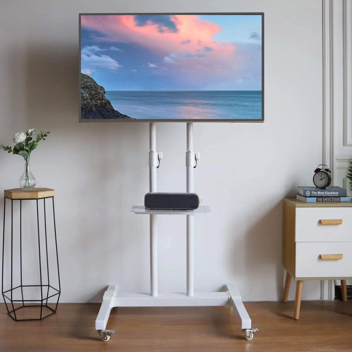 Tall TV Stand with Wheels for 32 to 85 Inch Flat Panel TVs, White Shelf Q561