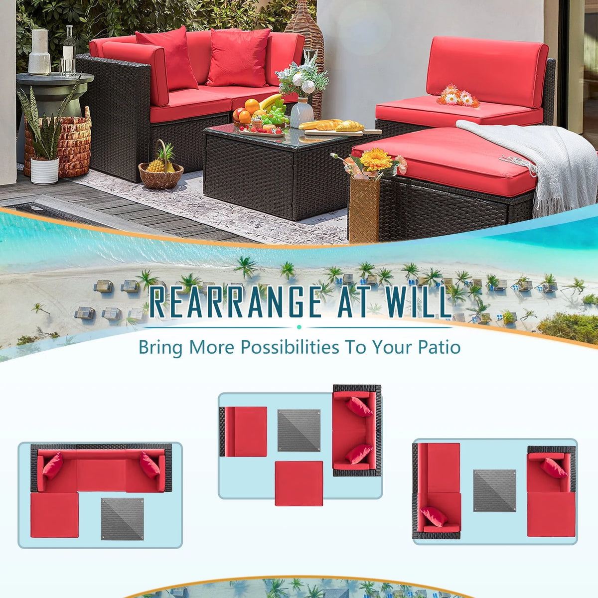 5 Pieces PE Rattan Wicker Patio Sectional Set with Table P7597