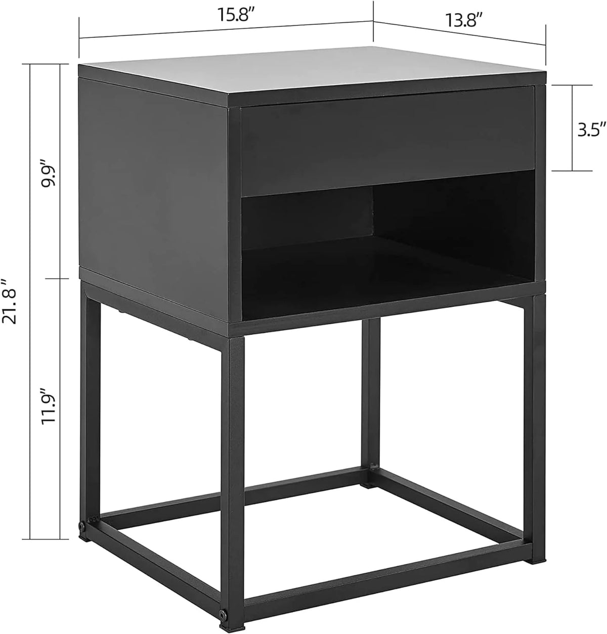Black Rectangular End Table Nightstand with Drawer and Open Shelving P434