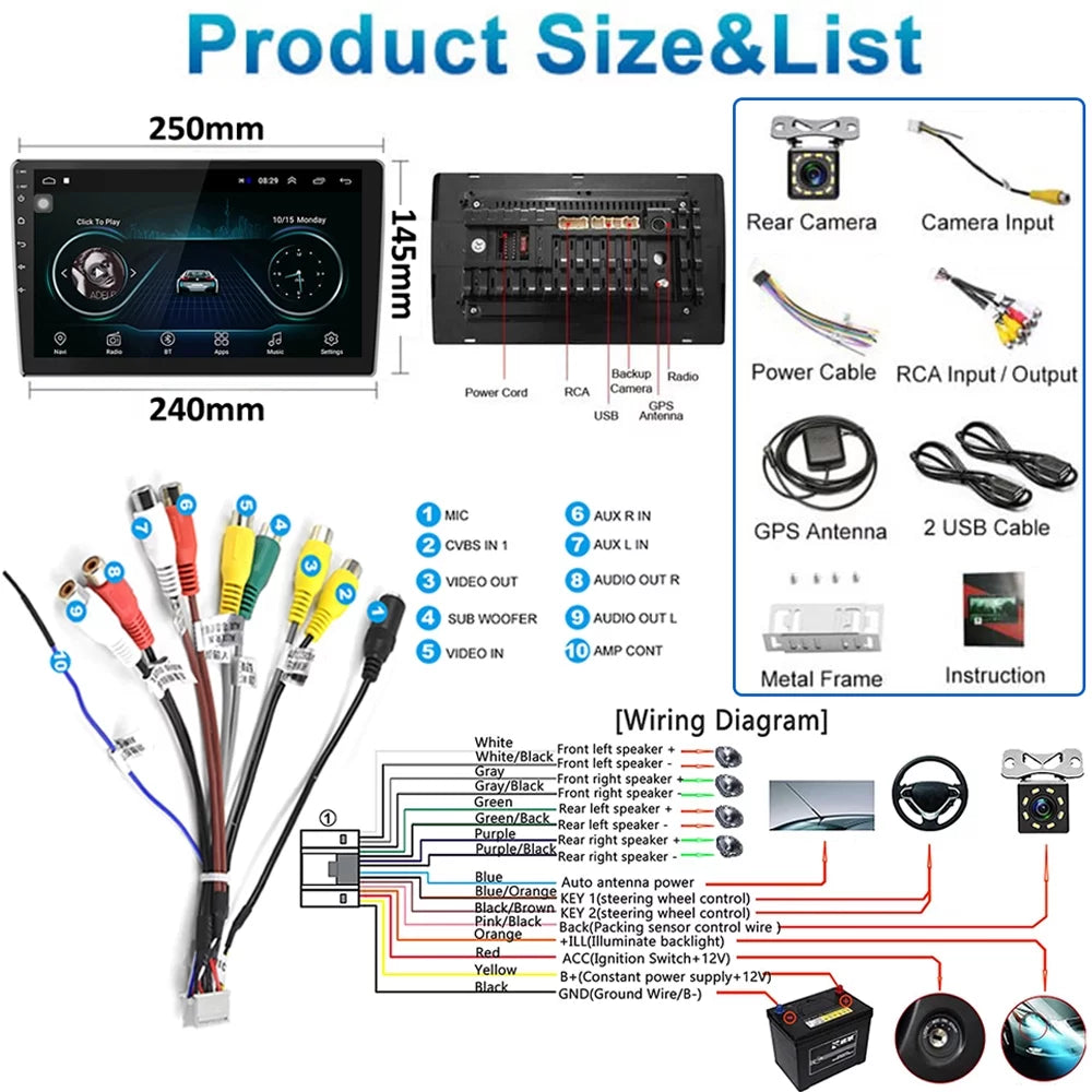 Android 12 Double 2 Din Car Stereo Radio 10.1'' HD Touch Screen 1080P Car Multimedia Player Head Unit Bluetooth WIFI GPS FM Receiver with Rearview Camera C3644