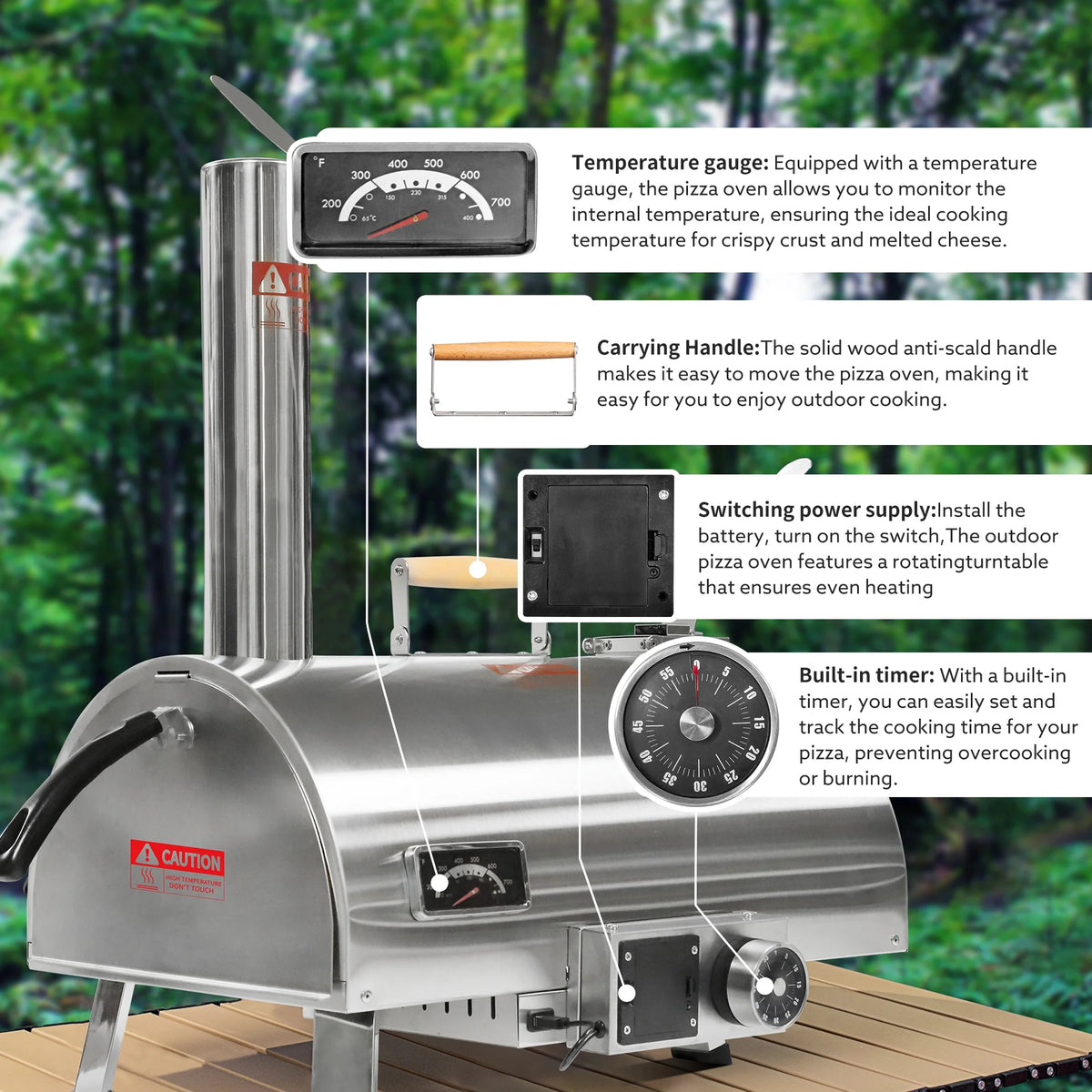 12" Stainless Steel Wood Fired Portable Pizza Oven with Built-in Thermometer Carry Bag I808437