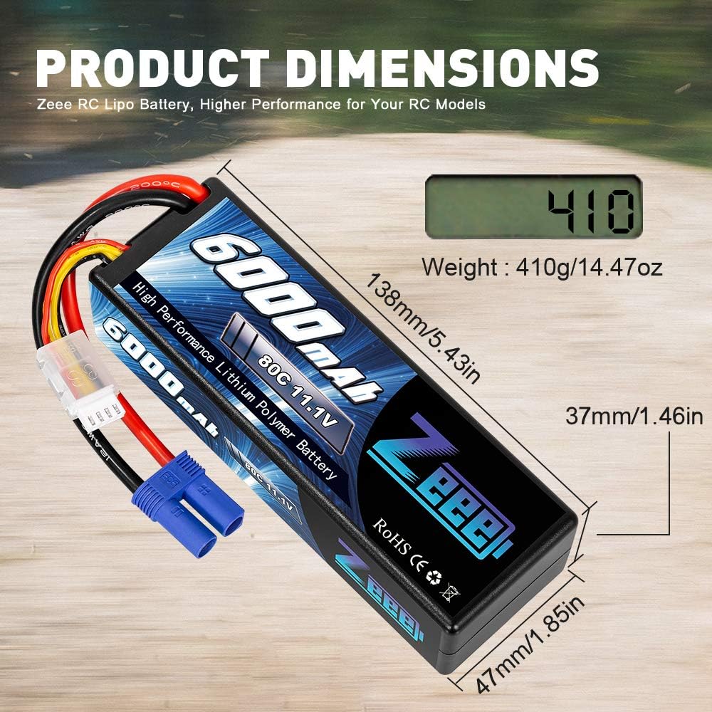 11.1V 80C 3S 6000mAh Lipo Battery Hard Case with EC5 Connector (2 Pack) W73994