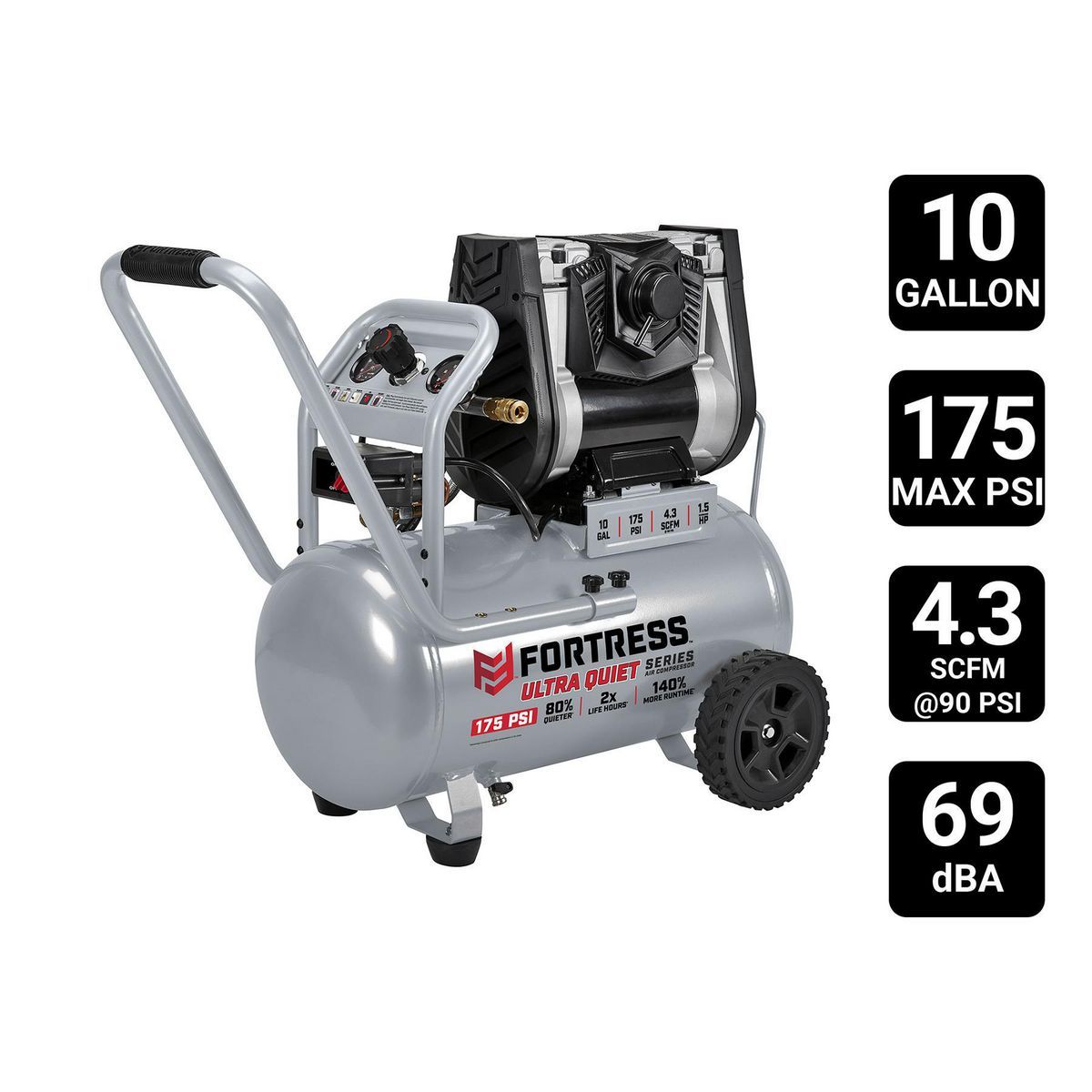 10 Gallon 175 PSI Oil-Free Horizontal Air Compressor D2775