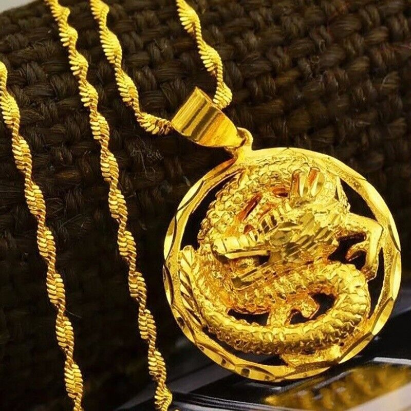 18k Gold Filled Sterling Silver Dragon Mens 24" Link Pendant Necklace U539552