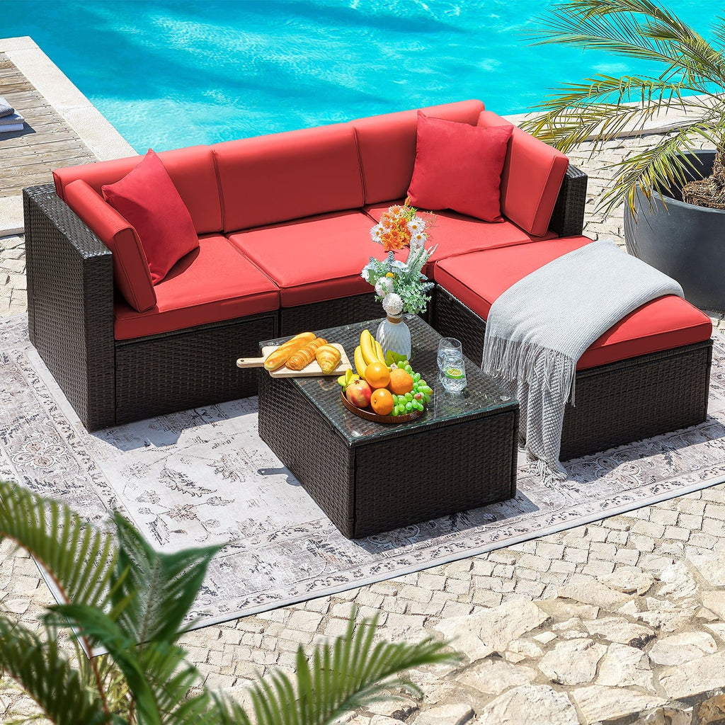 5 Pieces PE Rattan Wicker Patio Sectional Set with Table P7597