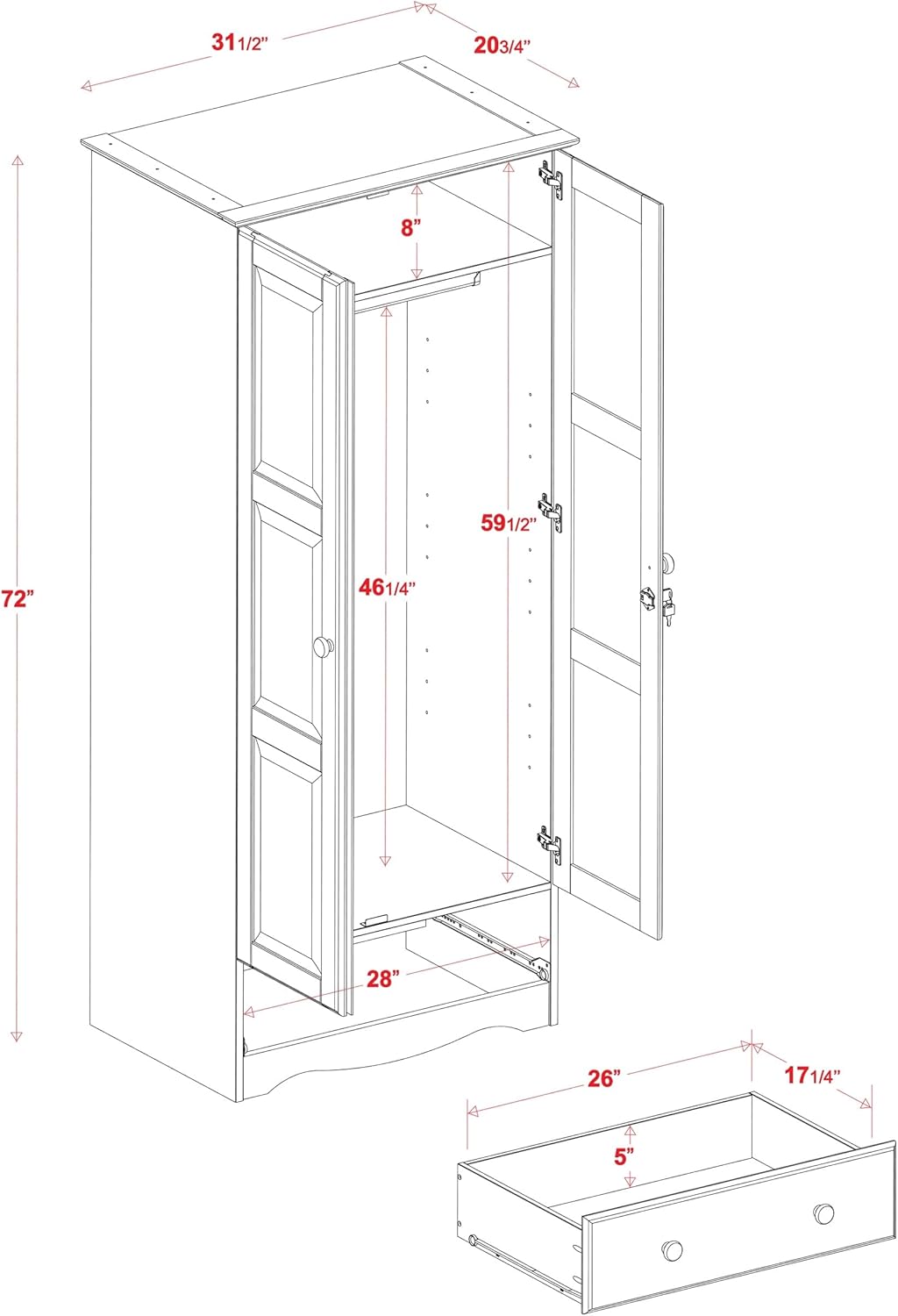 100% Solid Wood Wardrobe Armoire Mocha Stained P37554