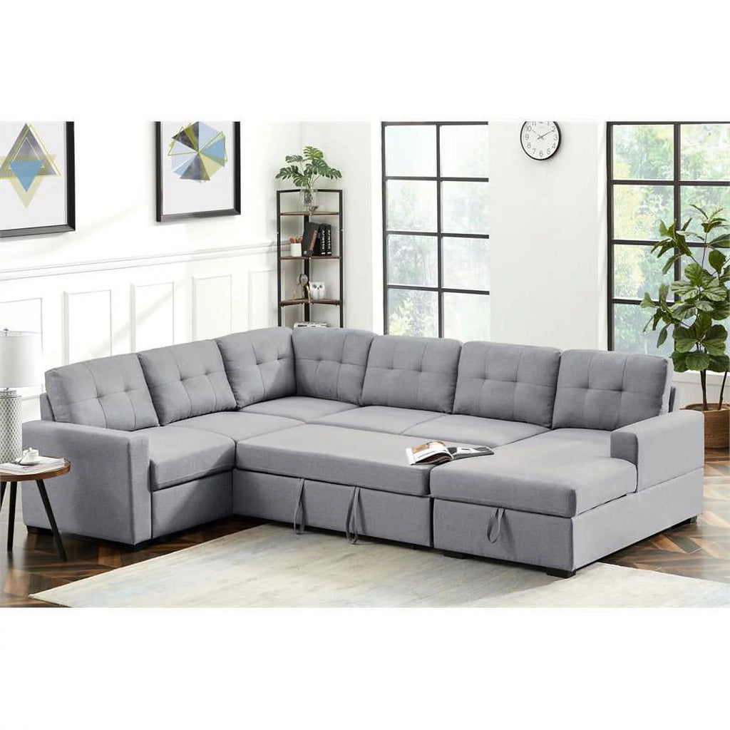 Light Gray Linen Sleeper Sectional Sofa with Storage Chaise I6711
