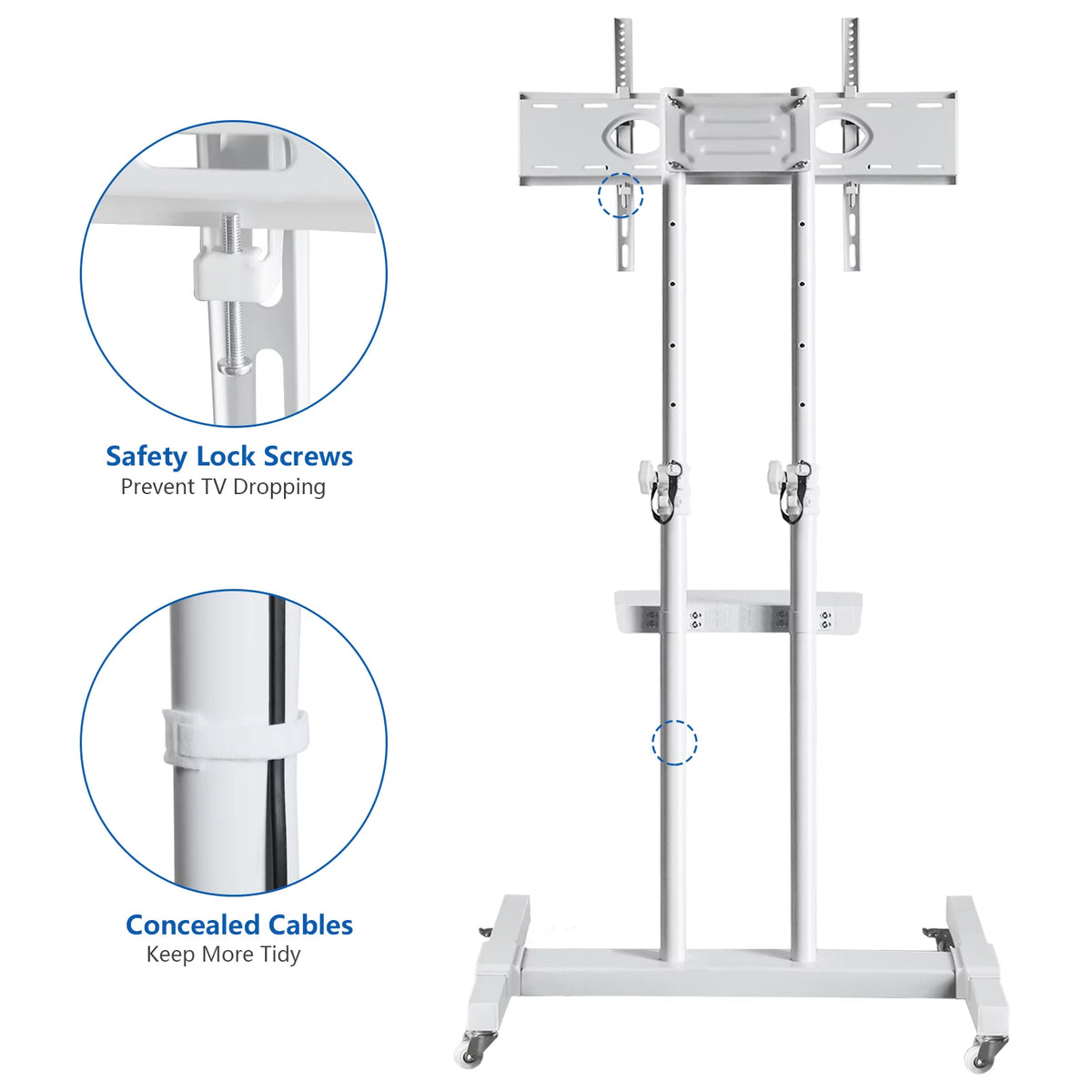 Tall TV Stand with Wheels for 32 to 85 Inch Flat Panel TVs, White Shelf Q561