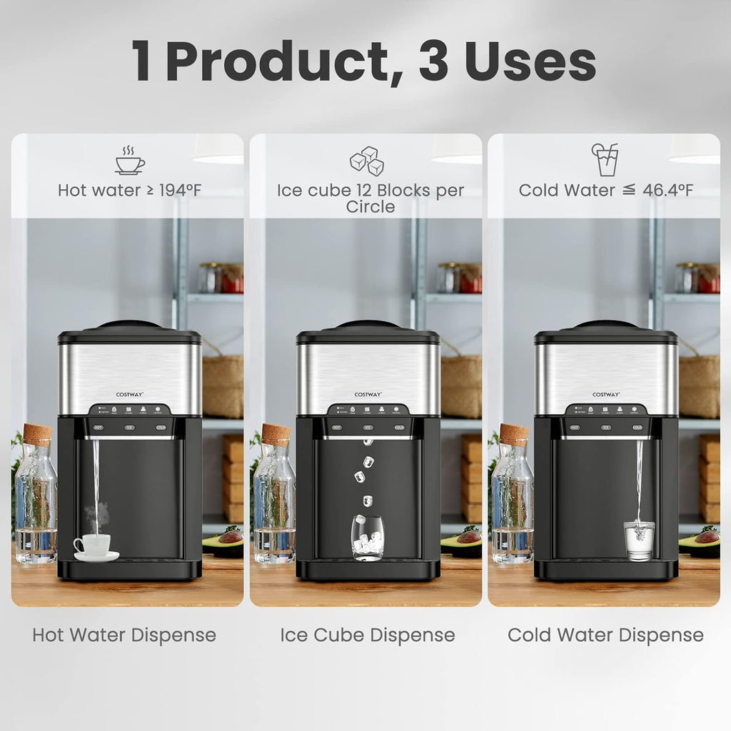 Water Dispenser with Ice Maker, 3-in-1 Countertop Top-Loading Hot Cold Water Cooler Machine, 48Lbs/24H, 12 Cubes, 4Lbs Storage Basket Y773