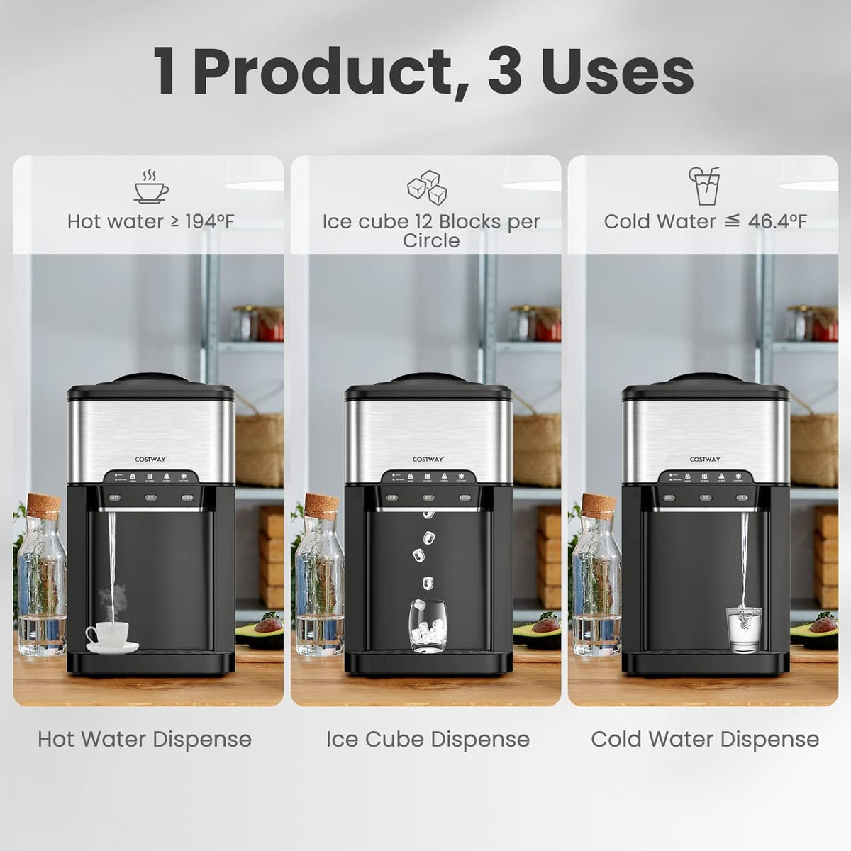 Water Dispenser with Ice Maker, 3-in-1 Countertop Top-Loading Hot Cold Water Cooler Machine, 48Lbs/24H, 12 Cubes, 4Lbs Storage Basket Y773