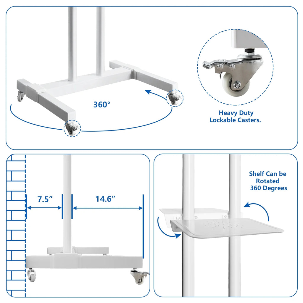 Tall TV Stand with Wheels for 32 to 85 Inch Flat Panel TVs, White Shelf Q561