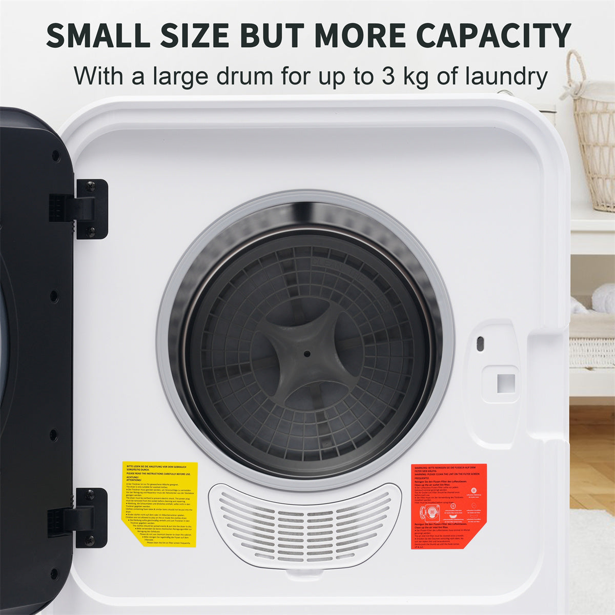 1.95cu.ft Clothes Dryer, 830W, Stainless Steel Tumbler, 5 Programs, Black Door L46852