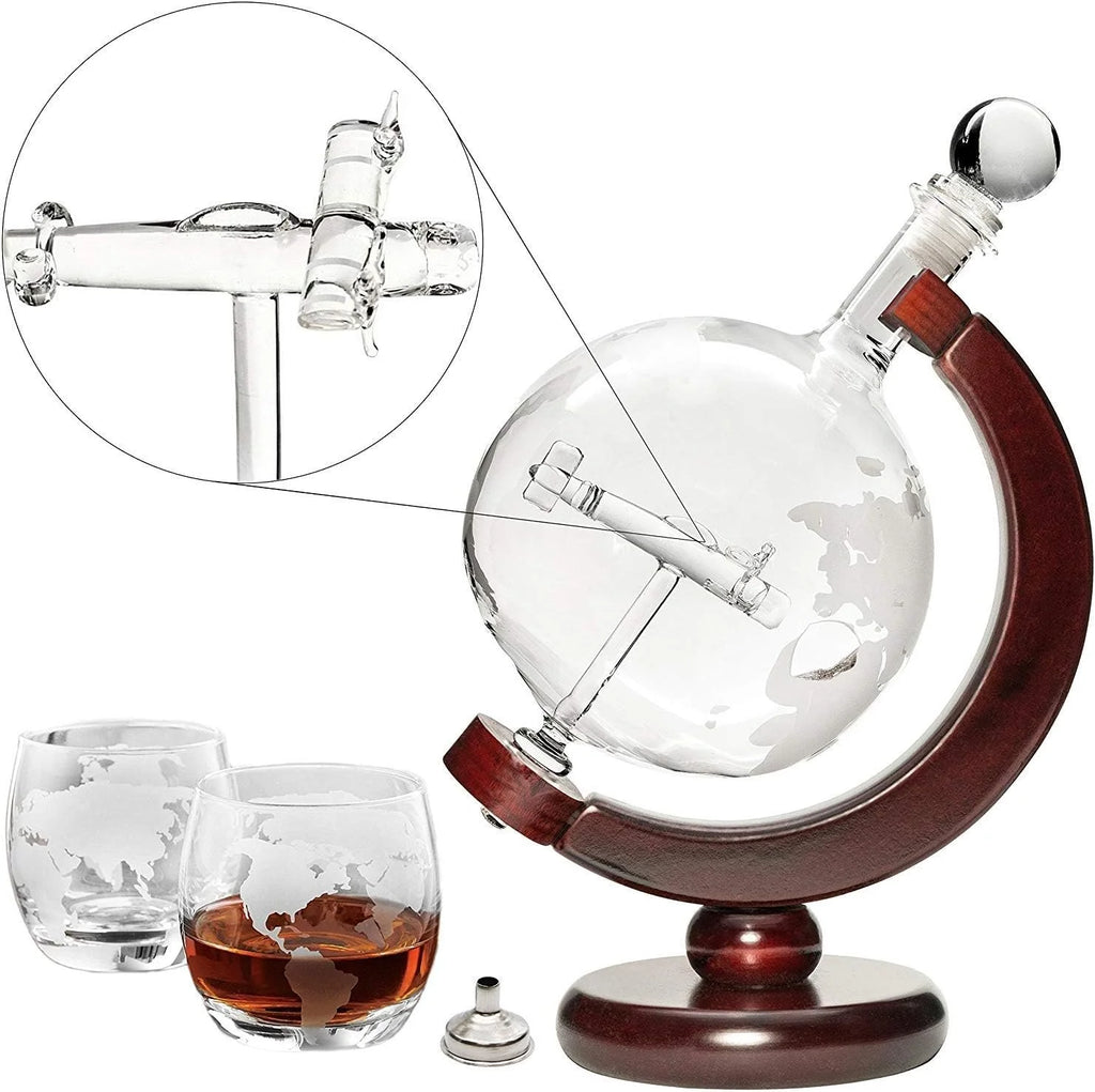 50 Oz Handmade Etched Globe Decanter Set with Wooden Stand and 2 Glasses R69193