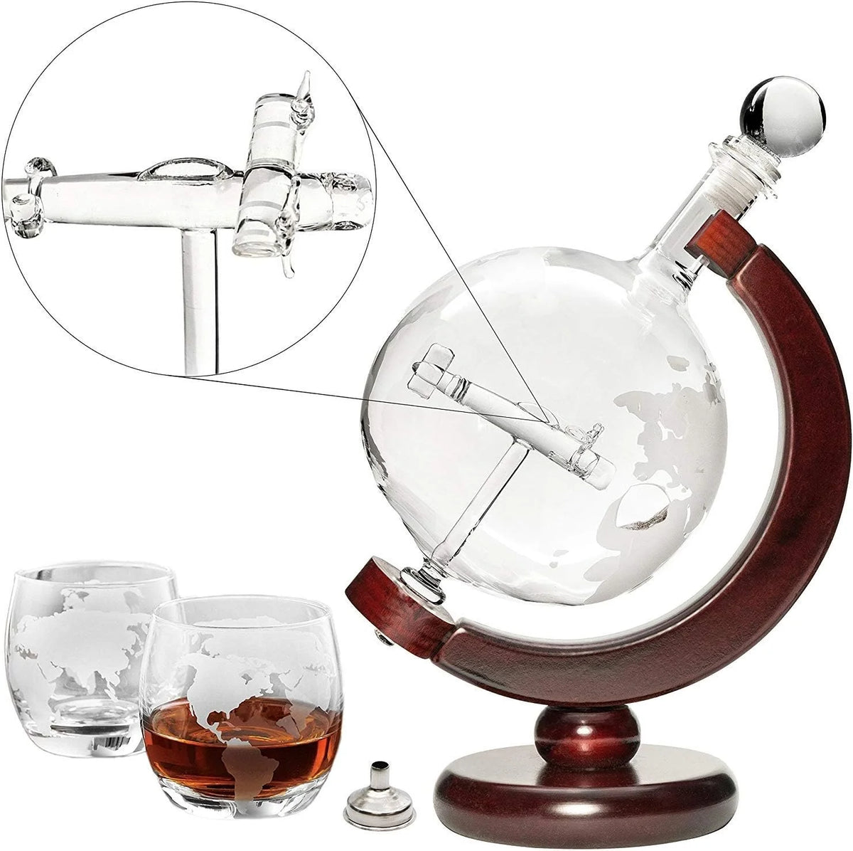50 Oz Handmade Etched Globe Decanter Set with Wooden Stand and 2 Glasses R69193