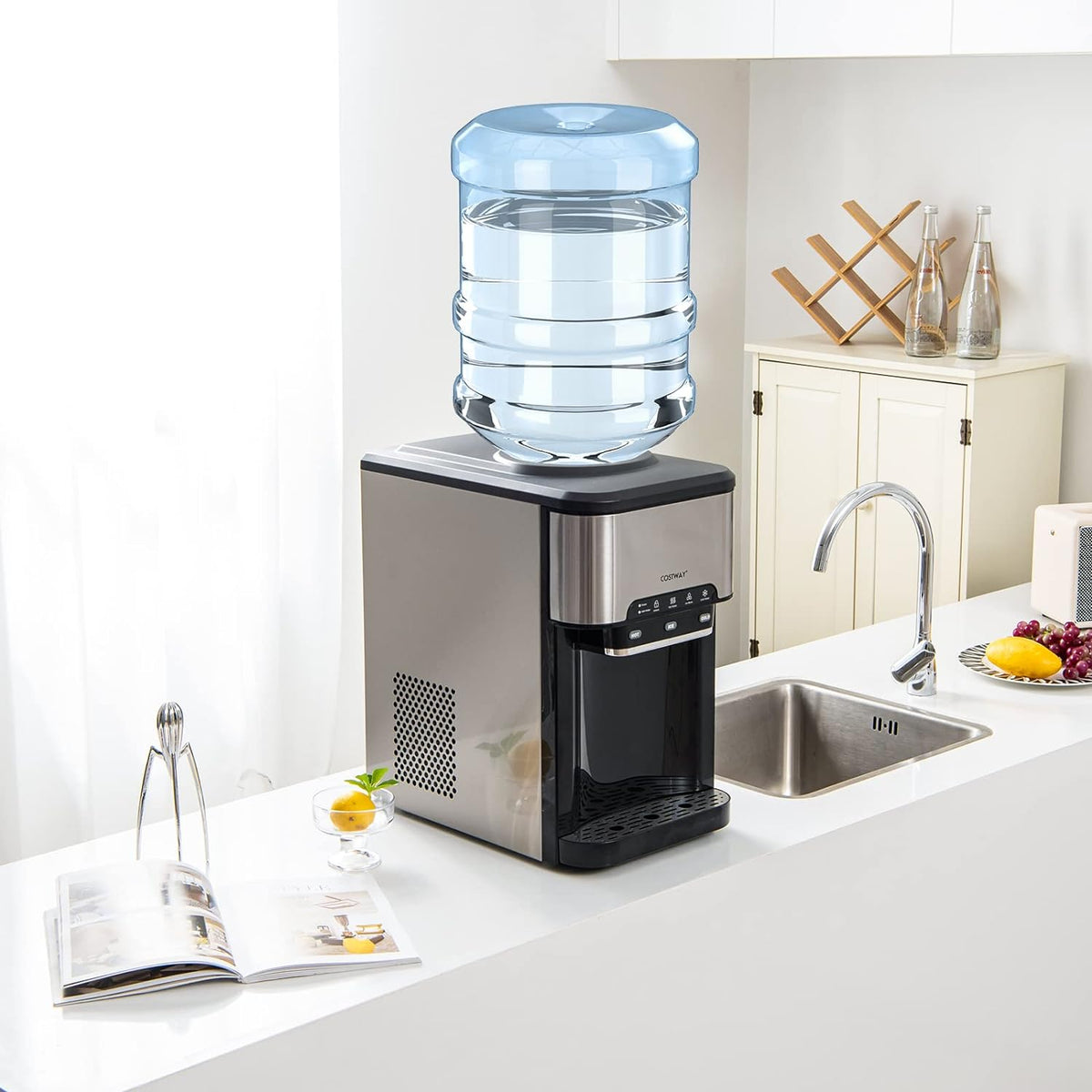 Water Dispenser with Ice Maker, 3-in-1 Countertop Top-Loading Hot Cold Water Cooler Machine, 48Lbs/24H, 12 Cubes, 4Lbs Storage Basket Y773