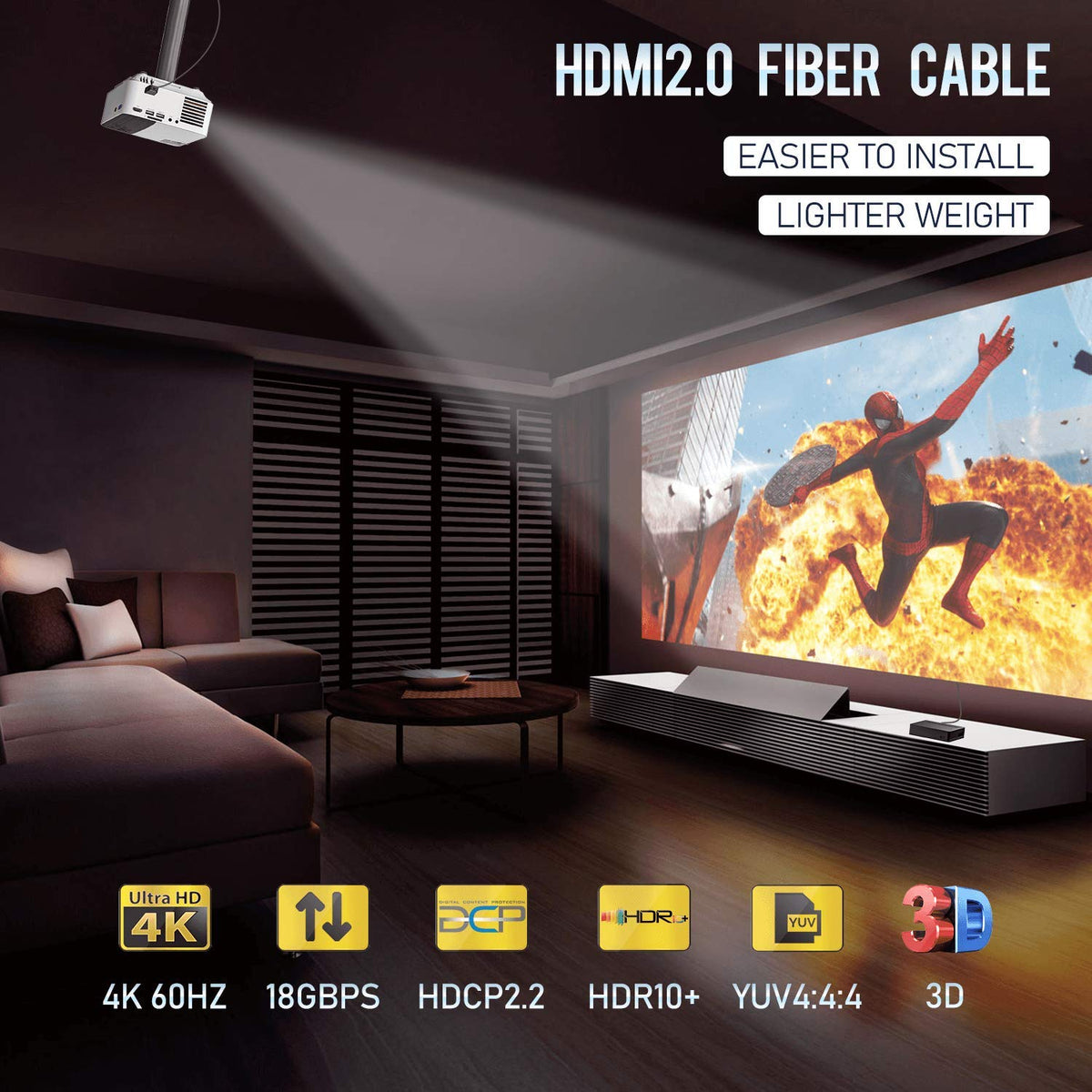 HDMI 2.0b Fiber Optic Cable 3ft 4K 60Hz 18Gbps Pack of 2 D62761