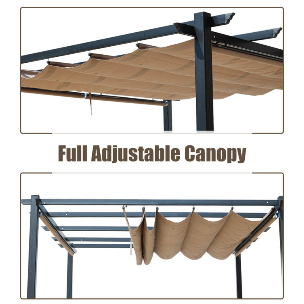 12 x 10 ft Outdoor Pergola with Retractable Shade Canopy, Dark Gray Matte Aluminum Frame, 4 Pieces Roller Shade Curtain U440241