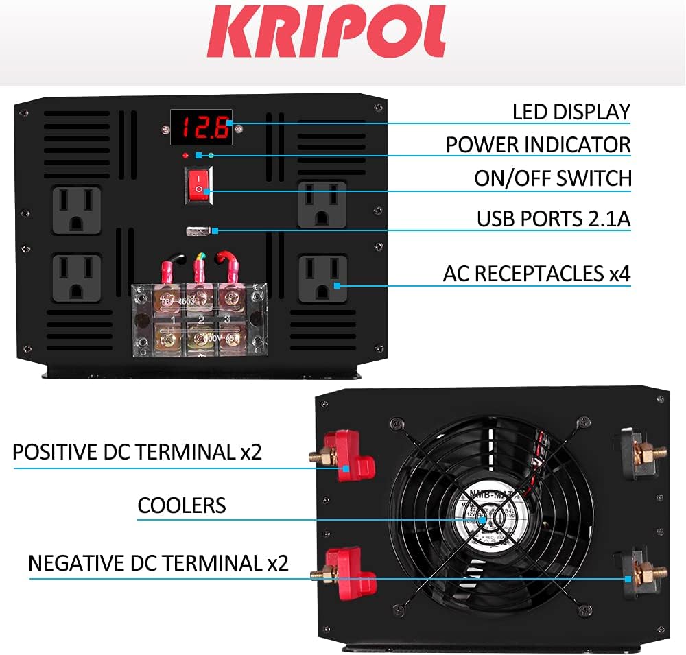 3000 Watt Pure Sine Wave Power Inverter 12V DC to 110V AC with 4 AC Outlets V6301