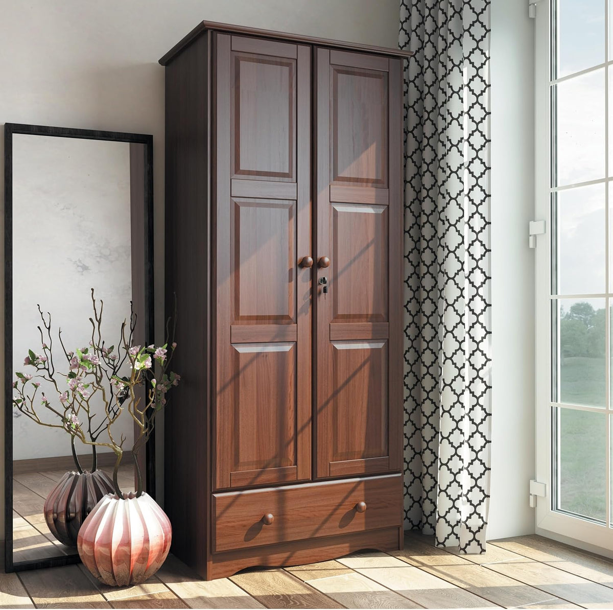 100% Solid Wood Wardrobe Armoire Mocha Stained P37554