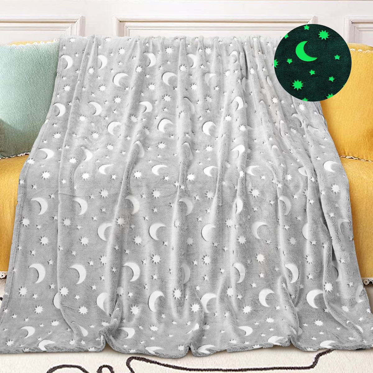 Glow in The Dark Plush Fleece Throw Blanket 60x70 inches Grey J12295