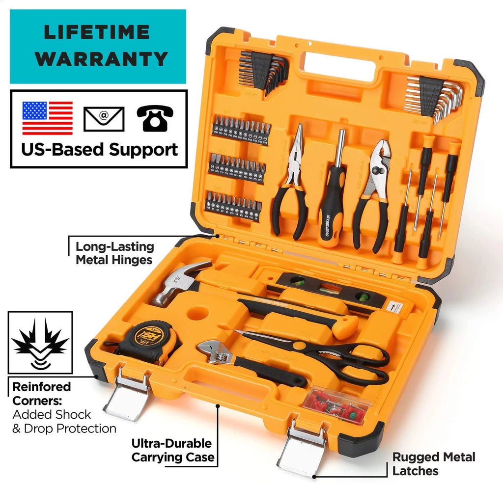 62-Piece Tool Set with Screwdriver Handle, 33 Bits, Pliers, Tape Measure, Torpedo Level, Hammer, Scissors, Wrench, Reinforced Case J8434
