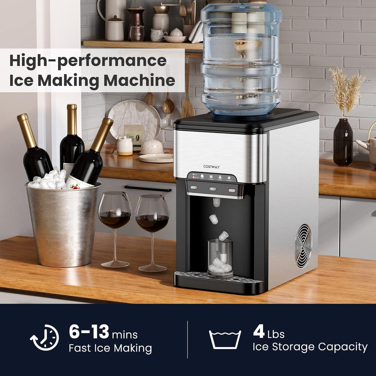 Water Dispenser with Ice Maker, 3-in-1 Countertop Top-Loading Hot Cold Water Cooler Machine, 48Lbs/24H, 12 Cubes, 4Lbs Storage Basket Y773