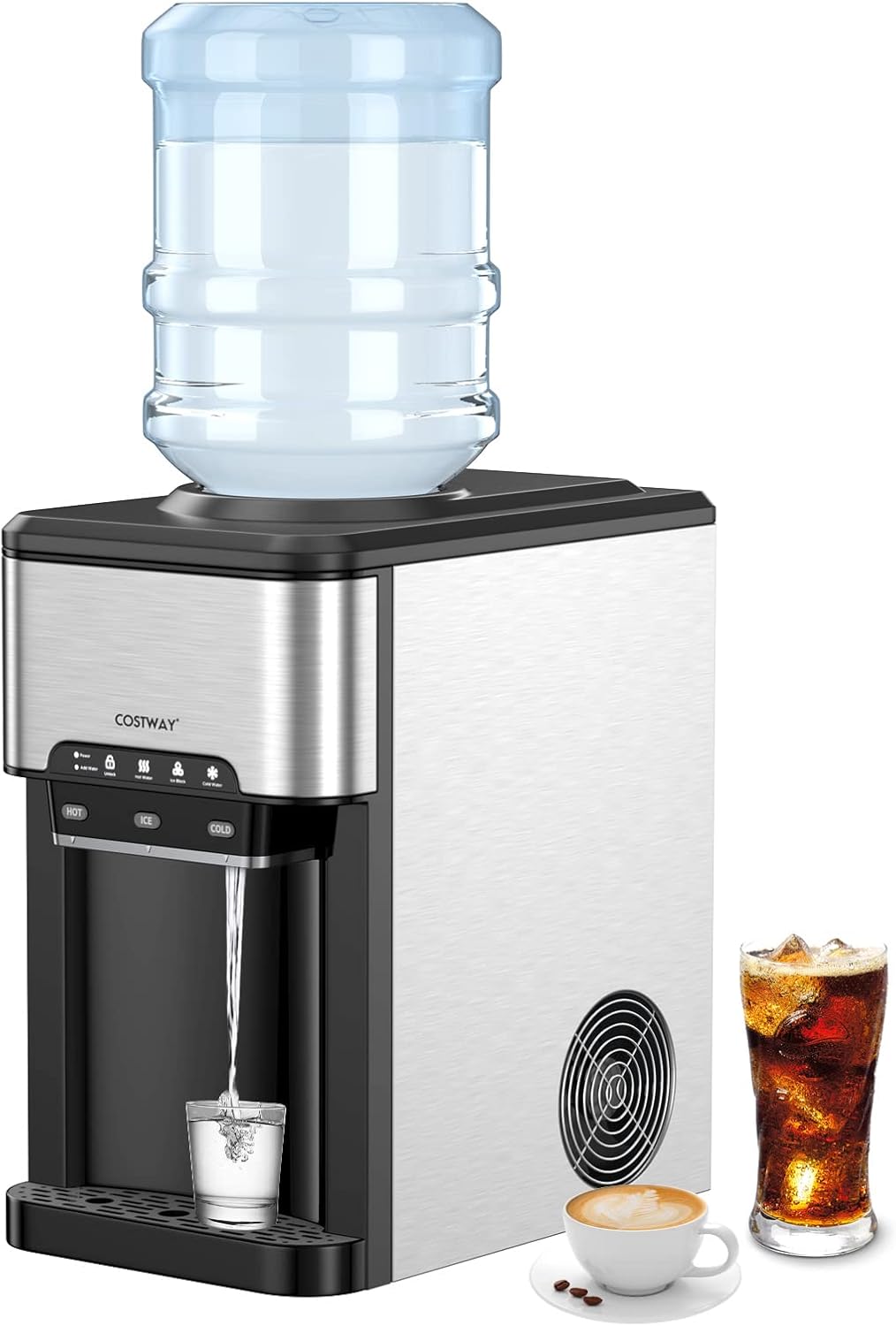 Water Dispenser with Ice Maker, 3-in-1 Countertop Top-Loading Hot Cold Water Cooler Machine, 48Lbs/24H, 12 Cubes, 4Lbs Storage Basket Y773