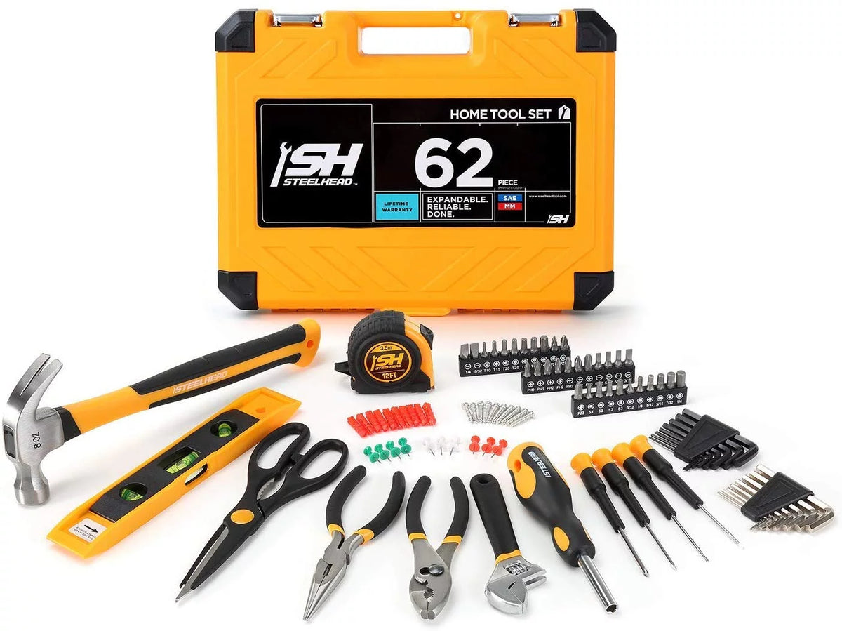 62-Piece Tool Set with Screwdriver Handle, 33 Bits, Pliers, Tape Measure, Torpedo Level, Hammer, Scissors, Wrench, Reinforced Case J8434