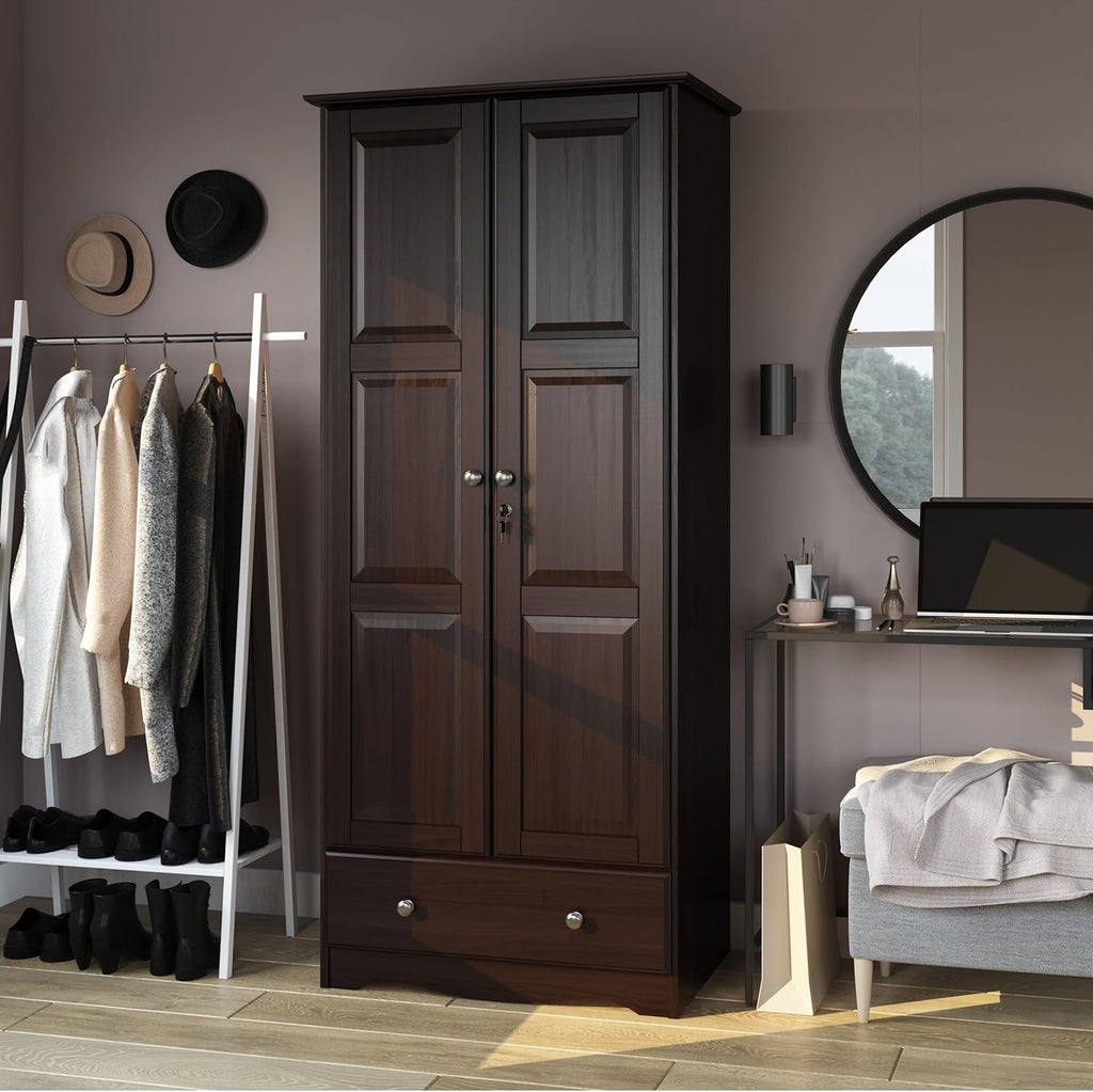 100% Solid Wood Wardrobe Armoire Mocha Stained P37554