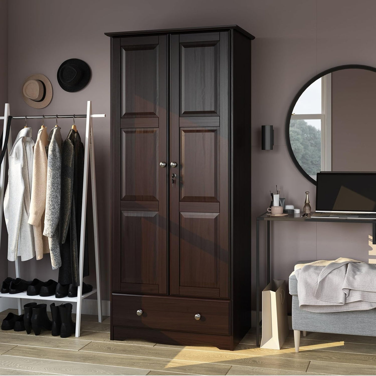 100% Solid Wood Wardrobe Armoire Mocha Stained P37554