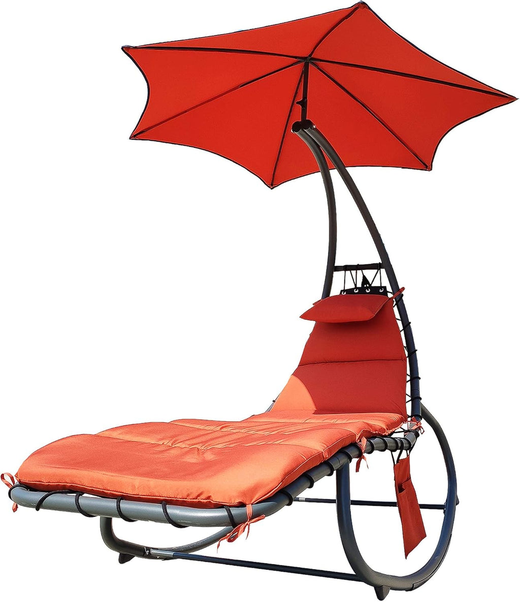 Orange Hanging Chaise Lounge Chair with Cushion, Pillow, Canopy, Stand, Storage Pouch P844952