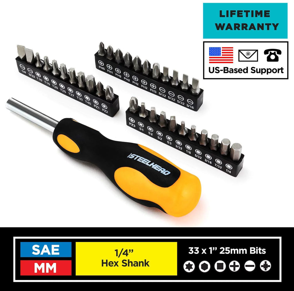 62-Piece Tool Set with Screwdriver Handle, 33 Bits, Pliers, Tape Measure, Torpedo Level, Hammer, Scissors, Wrench, Reinforced Case J8434