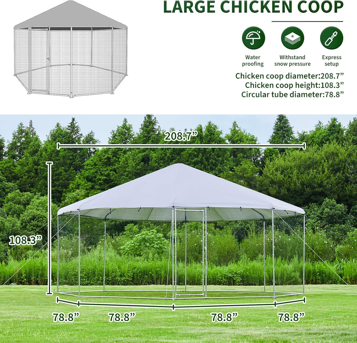 Large Octagon Chicken Coop with Galvanized Steel Frame F591688