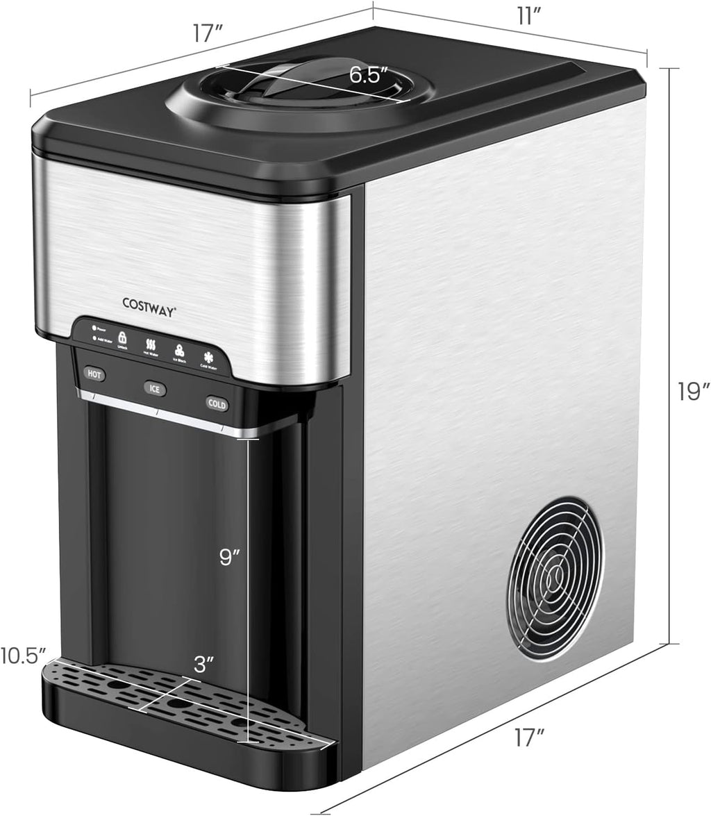 Water Dispenser with Ice Maker, 3-in-1 Countertop Top-Loading Hot Cold Water Cooler Machine, 48Lbs/24H, 12 Cubes, 4Lbs Storage Basket Y773