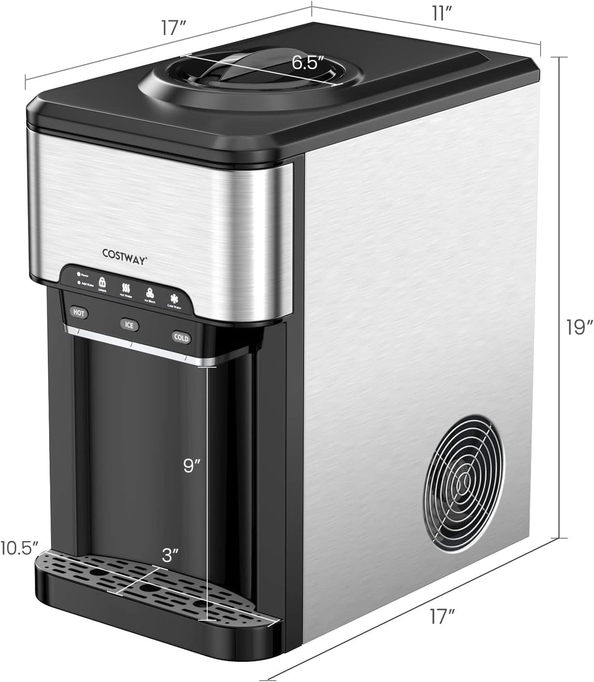 Water Dispenser with Ice Maker, 3-in-1 Countertop Top-Loading Hot Cold Water Cooler Machine, 48Lbs/24H, 12 Cubes, 4Lbs Storage Basket Y773