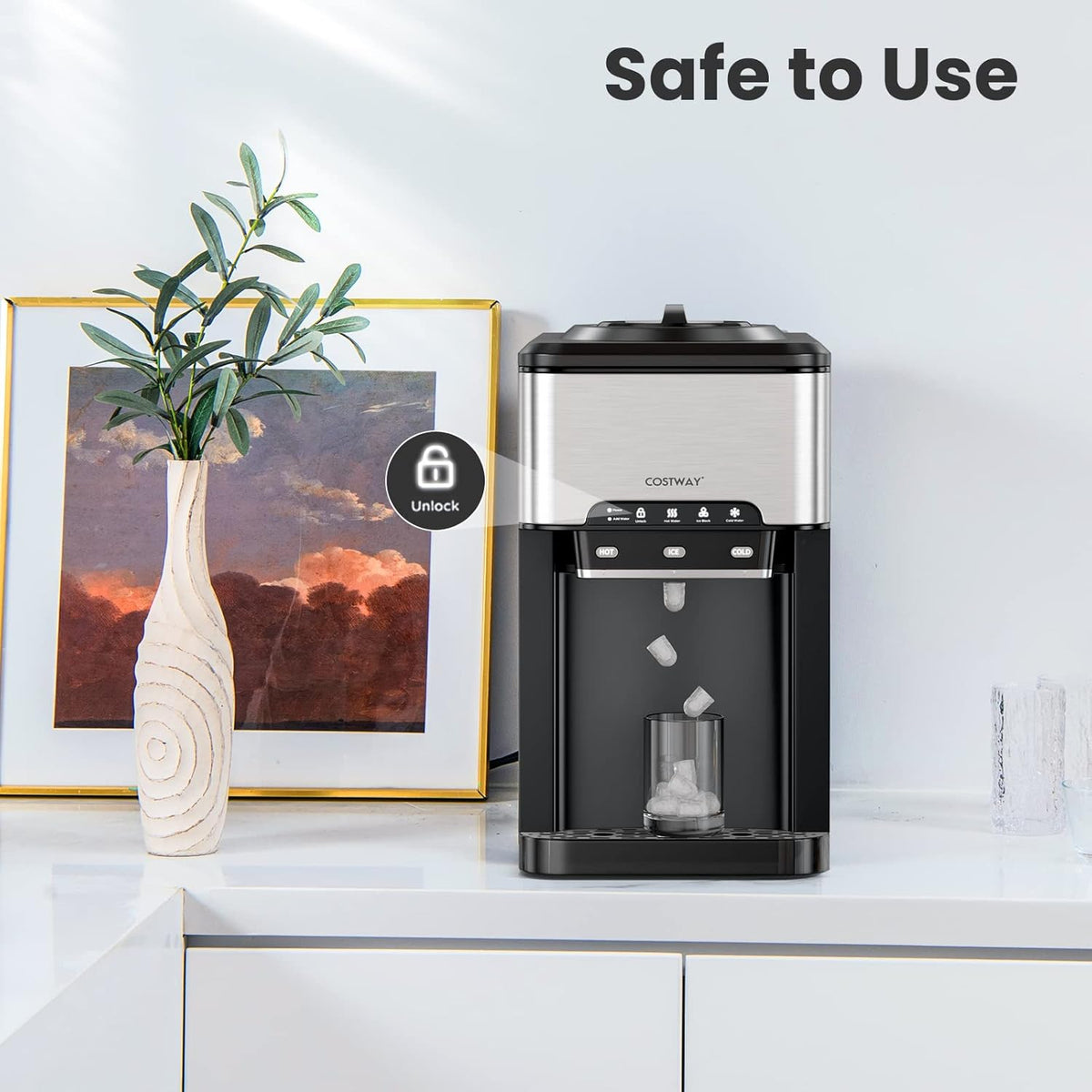 Water Dispenser with Ice Maker, 3-in-1 Countertop Top-Loading Hot Cold Water Cooler Machine, 48Lbs/24H, 12 Cubes, 4Lbs Storage Basket Y773