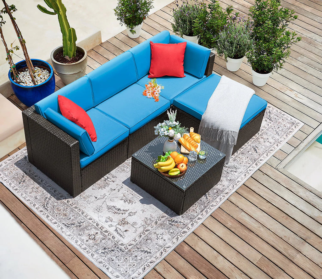 5 Pieces PE Rattan Wicker Patio Sectional Set with Table P7597